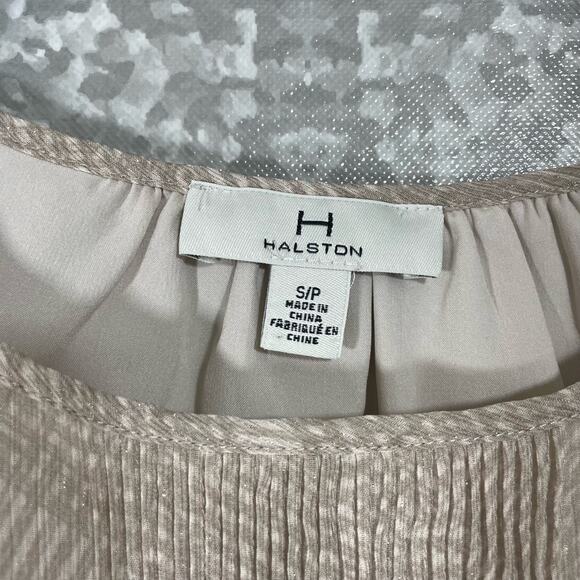 H Halston Women's Tan & Gold Metallic Glam Blouse - Size Small - Smocked Front - Picture 5 of 7